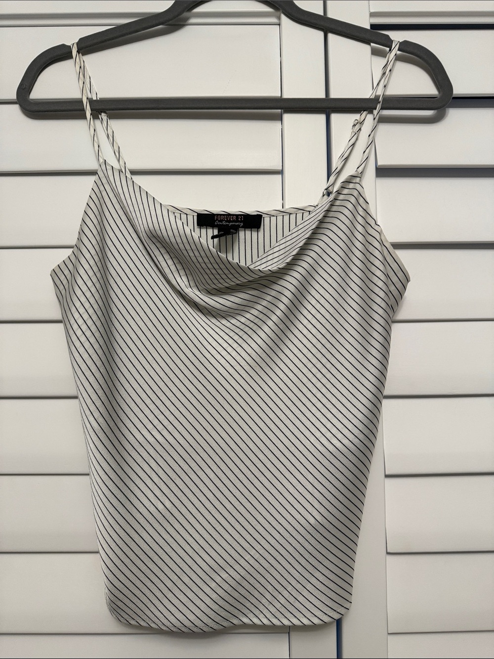 Forever 21 White Satin Cowl Neck Cami with Black Pinstripes (XS)